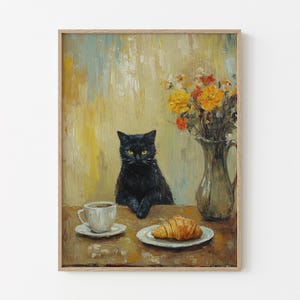 Cafe Croissant Cat Oil Painting Print | Kitchen Print | Bistro Coffee Poster | Un Cafe Sil Vous Plait | Kitchen Decor | Unique Prints | CCC1