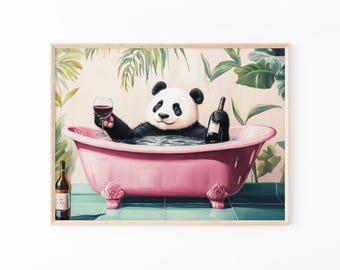 Panda Bathroom Print | Alcohol Print | Funny Animal Art | Panda in Bath Tub | Botanical Bathroom Art | PBW7