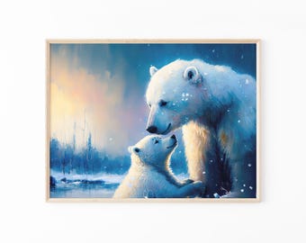 Polar Bear with Cub, Cute Oil Painting Artwork, High-Quality Matte Wall Art Print, Winter Home Decor, Gift for Polar Bear Lovers
