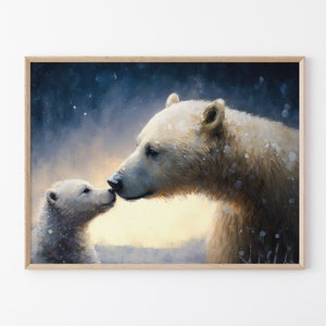 Polar Bear with Cub, Cute Oil Painting Artwork, Signed Matte Wall Art Print, Winter Home Decor, Gift for Polar Bear Lovers