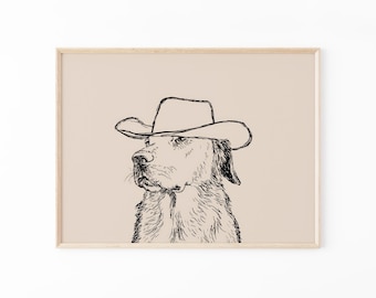 Grappige cowboyhond zwarte schets Art Print | Retro-afdruk | Vintage kunst | Blauwe muurkunst hond | Westernhondenprint | Trendy decoratie | CDB6