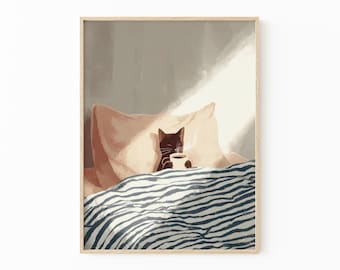 Cat Drinking Coffee in Bed Print: Black Cat Wall Art for Cosy Bedrooms | Cat Book Illustration | BEC2
