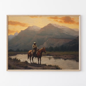 Stampa a olio di paesaggio vintage con cowboy, arte murale western, decorazione murale di metà secolo, decorazione rustica del sud-ovest #VLC13