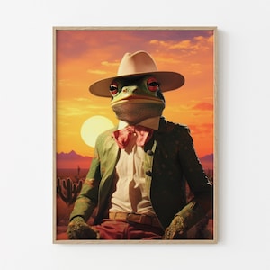 Stampa artistica da parete raffigurante una rana cowboy, surreale, stravagante, divertente, colorata, raffigurante un rospo e una rana che indossano cappelli da cowboy con un abito.
