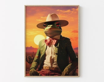 Cowboy Frog Print Wall Print Surreal Whimsical Funny Colourful Toad and Frog wearing cowboy hats with suit painting art print