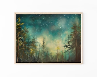 Moody Forest and Stars Oil Painting | Pine Trees Under the Celestial Starry Night Sky Painting | Woods Art | MFA3
