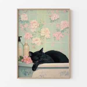 Black cat in a bathtub Painting Print | Japanese Bathroom Wall Art | Relaxation poster | Japan cat wall art | Neutral Japandi Print | BIC2