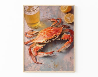 Impresión de pintura al óleo de cangrejo relajado / Arte mural de cerveza / Impresiones divertidas de bar / Arte de cangrejo con cerveza / Regalos divertidos para él / CBF6