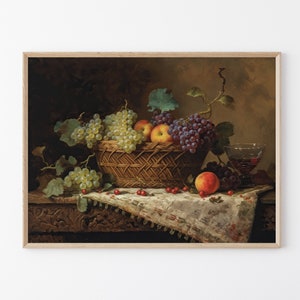 Dipinto a olio vintage con cesto di frutta, stampa artistica opaca da parete con uva, per l'arredamento di casa e ufficio, stampa di frutta vittoriana, splendida arte vintage