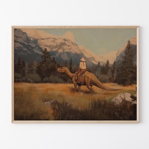 Vintage Dinosaur Cowgirl Oil Painting Print | Western Jurassic Dinosaur Print | Gift for Her, Funny Print | VDG7