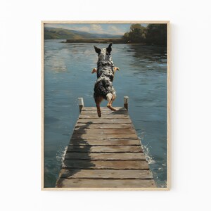 Happy Dog Jumping Off Dock Oil Painting Print | Happy Summertime Dog Art | Coastal Decor | Boat House Art | Gift for Dog Lovers | HDO8