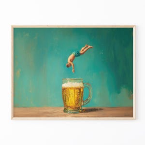 Beer Diver Oil Painting Print | Beer Artwork | Beer Lover Gift | Beer Wall Art | Trendy Kitchen Wall Art | Funny Art | Optional Frame | BDO6