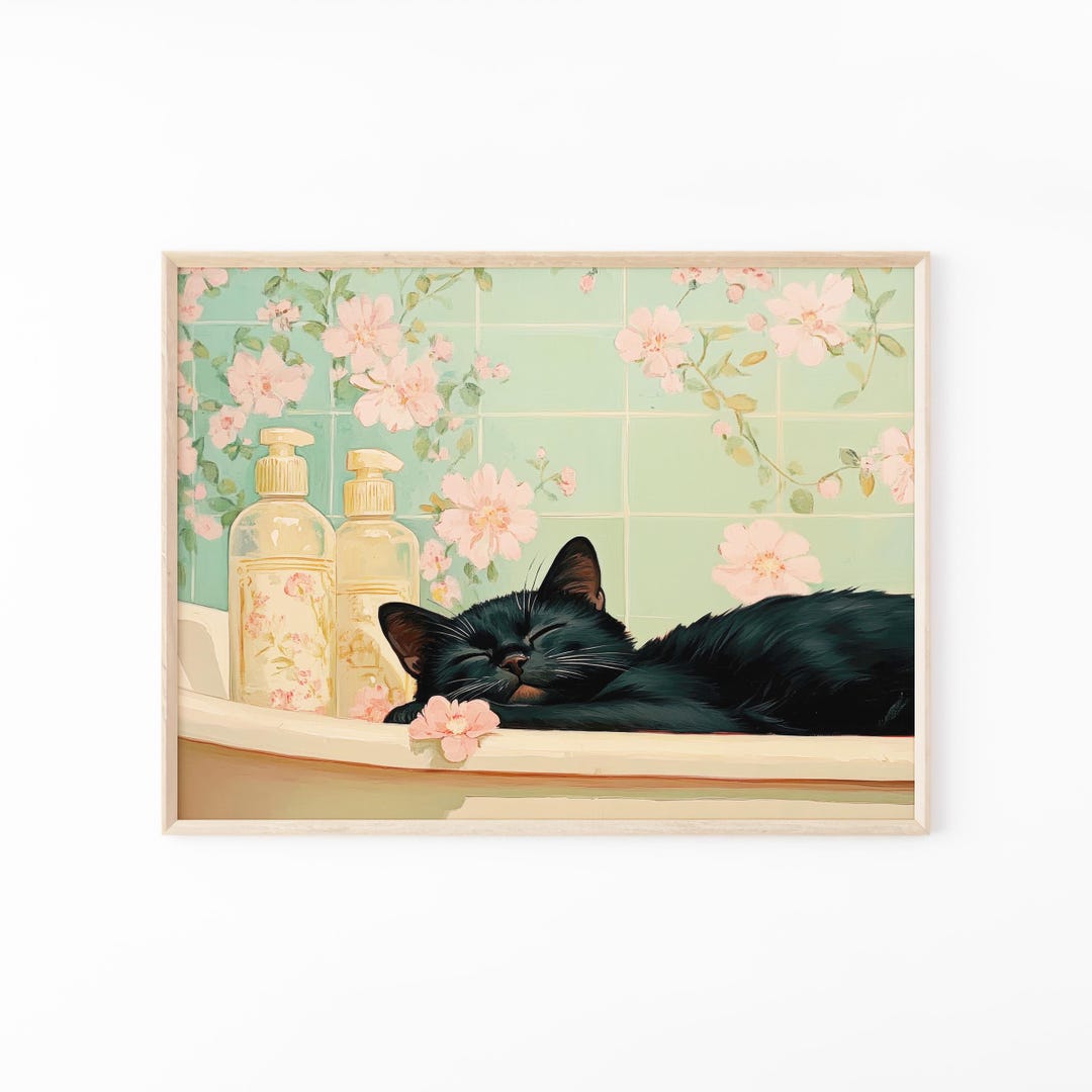 Black Cat in a Bathtub Painting Print | Japanese Bathroom Wall Art ...