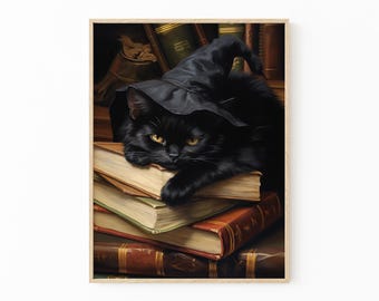 Vintage Black Cat Witch Oil Painting Print, Vintage Poster, Dark Academia, Gothic Victorian, Black Cat Art, Witchy Decor BCTH4