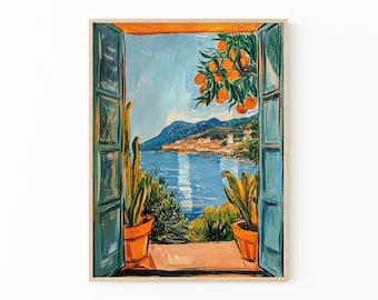 Open Window Henri Matisse Print | Henri Matisse Style Fauvism Painting | Mediterranean Sea | Orange Tree | Coastal View | OWH8