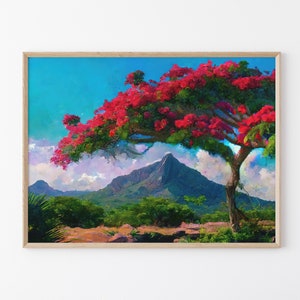 Red Flamboyant Tree inspired Artwork, Gift For Nature Lovers, Flamboyant Wall Art, Mauritius Wall Art Print , Nature Decor, Rempart Mountain