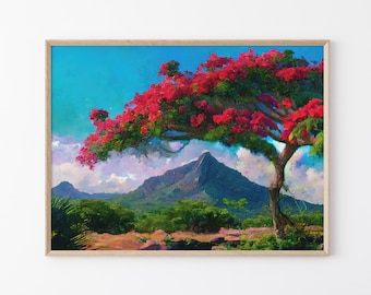 Red Flamboyant Tree inspired Artwork, Gift For Nature Lovers, Flamboyant Wall Art, Mauritius Wall Art Print , Nature Decor, Rempart Mountain
