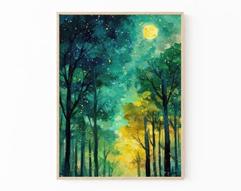 Maan en sterren olieverfschilderij | Vintage donker bos | Landschap natuur decor | Celestial Night Sky-print | MSO8