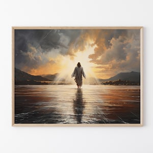 Gesù Cristo che cammina sull'acqua, dipinto a olio originale, stampa artistica cristiana, stampa opaca da parete religiosa, decorazione murale religiosa, nuvole sacre