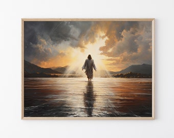 Jesus Christ Walking on Water Original Oil Painting, Christian Print Art, Religious Wall Art Matte Print, Religious Wall Decor, Holy Clouds
