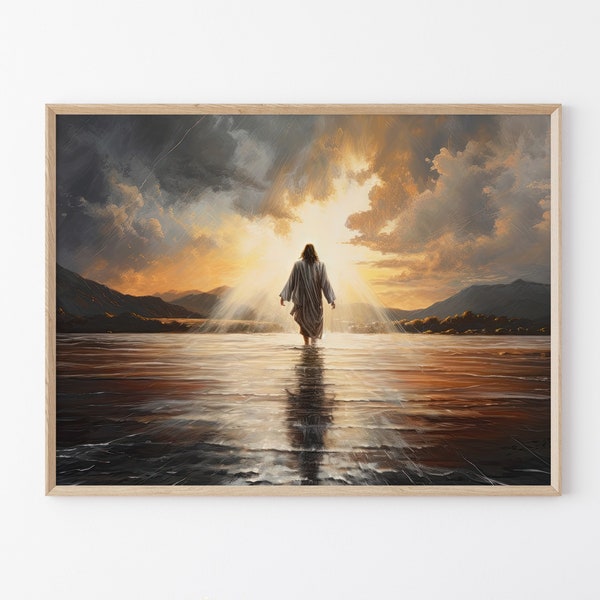 Peinture à l'huile originale de Jésus-Christ marchant sur l'eau, impression d'art chrétienne, impression mate d'art mural religieux, décoration murale religieuse, nuages sacrés