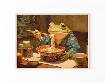 Impressão de pintura a óleo de um sapo comendo ramen | Arte de parede com macarrão ramen | Decoração de cozinha original | Pintura de inspiração japonesa | Arte de parede exclusiva | RFE3