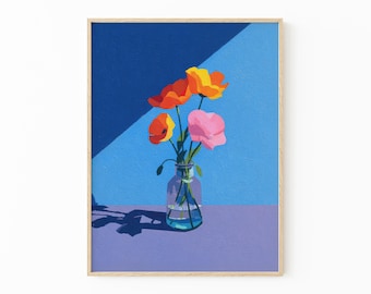 Poppies and Tulips Print | Colourful Floral Illustration for Modern Wall Decor | SHL4