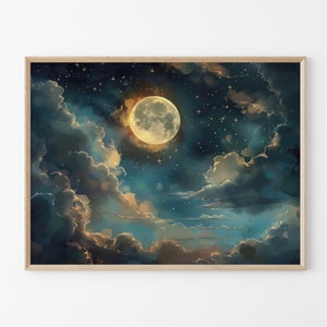 Vintage Enchanting Celestial Moon Art Oil Painting Print | Dark Academia & Dark Cottagecore | Night Sky Painting | Moon Art Print | VEC4
