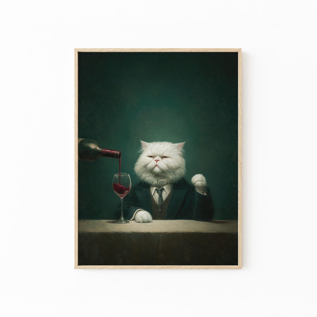 White Persian Cat With Wine Glass Print | Moody Whimsical Wall Art ...