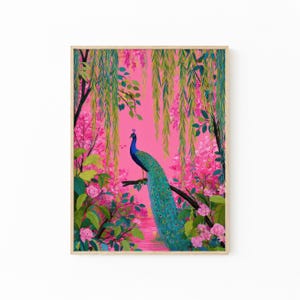 Vibrant Tropical Maximalist Bird Oil Painting Print | Dark Blue Hummingbirds & Hot Pink Peacock Jungle Art | Exotic Bird Print | VTM4