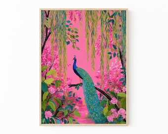 Vibrant Tropical Maximalist Bird Oil Painting Print | Dark Blue Hummingbirds & Hot Pink Peacock Jungle Art | Exotic Bird Print | VTM4