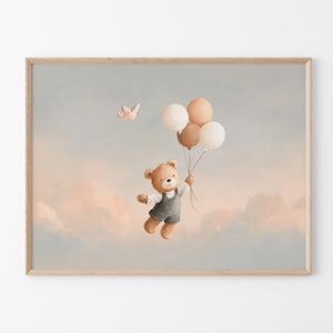 Stampa dipinta a mano con orsetto di peluche per bambini / Nuvola / Maschio Femmina / Genere Unisex Neutro Beige Naturale Palloncino Boho / BTN5