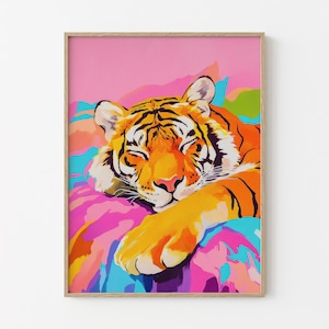 Sleeping Tiger In Bed Oil Painting Print | Maximalist Wall Decor | Tiger Print | Tiger Wall Art | Jungle Decor | Tiger Bedroom Decor | STIA4