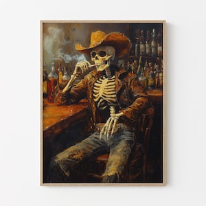 Stampa a olio su tela "Wild West Remains Skeleton Cowboy In a Bar" / Arte murale Western / Arte Cowboy / Regalo per viaggio su strada / Stampa sud-occidentale / WWR1
