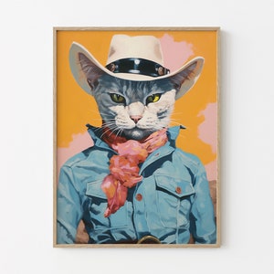 Stampa artistica surreale di un cowboy con gatto bianco - Decorazione per animali domestici eccentrica e occidentale fantastica Ritratto retrò di una cowgirl Meowdy Wall Art WCC4