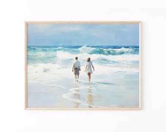 Ocean Couple Oil Painting Print | Soft Blue Painting | Beach House Decor | Coastal Printable Wall Art | Ocean Decor | #OCO1