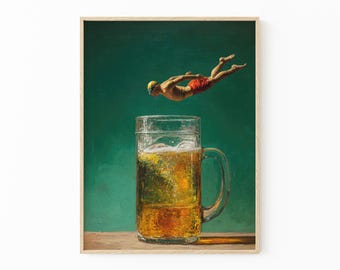 Impresión de pintura al óleo de "Buceador Cervecero" / Obra de arte cervecera / Regalo para amantes de la cerveza / Arte mural de cerveza / Arte mural de cocina moderno / Arte divertido / Marco opcional / BDO3