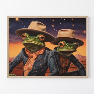 Dipinto surreale, divertente, colorato, rospo e rana che indossano cappelli da cowboy, stampa a olio