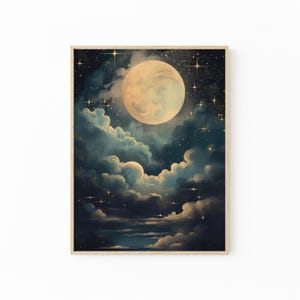 Vintage Enchanting Celestial Moon Art Oil Painting Print | Dark Academia & Dark Cottagecore | Night Sky Painting | Moon Art Print | VEC1