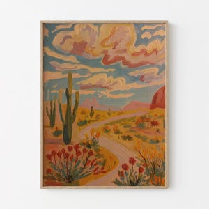 Südwestlichen Wüstenlandschaft Gemälde Druck | Pastell Kaktus Ocotillo | Agave Yucca | Texas Vintage Kunst | Natur Gemälde | AYT4