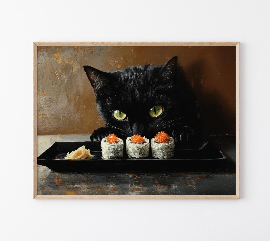 Black Cat Sushi Oil Painting Print | Tokyo Art Print | Oishii Cat Print ...