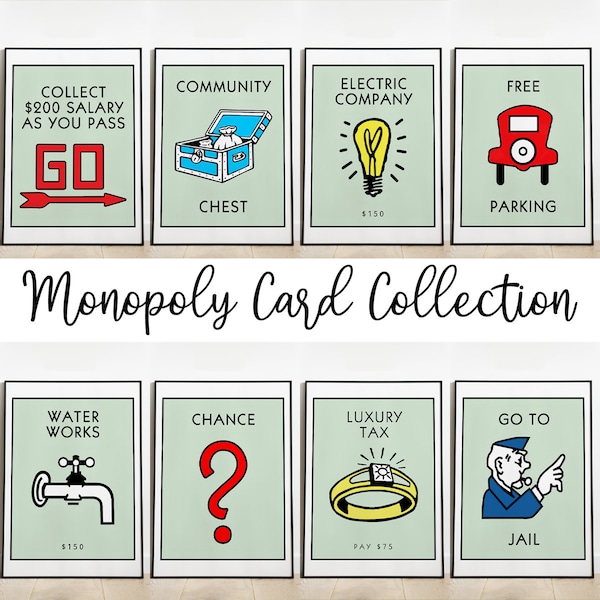 Minimalist Monopoly Card Collection, Set of 8, Monopoly Poster, Board Game Wall Art, Retro Monopoly Card Poster