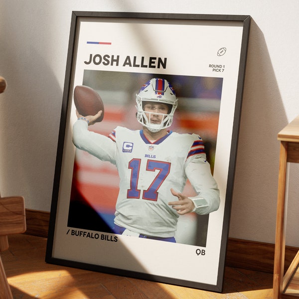 Cartel de Josh Allen, cartel de la NFL, impresión de cartel de Buffalo Bills, cartel minimalista, arte de pared del dormitorio, arte de pared de Josh Allen Bills