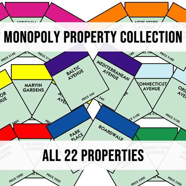 Monopoly Property Collection, Set of 22 Cards, Complete Monopoly Property Set, Monopoly Board Properties