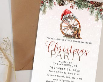 May include: A Christmas party invitation with a western theme. The design features a Santa hat, wagon wheel, and cowboy boots. The invitation includes the text "Christmas Party" and event details.