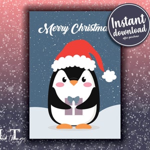 Pinguino che arrossisce Babbo Natale con download immediato del file della cartolina di Natale vuota