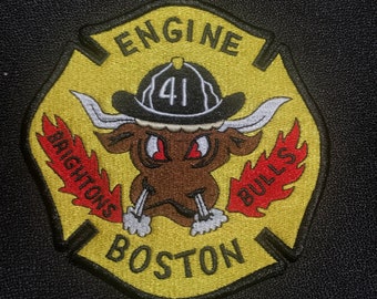 Boston Fire Dept Engine-41 Brightons Bulls Patch New York FDNY NH MA Mass Helmet Truck Toy Bullhorn Engine Red Sox Celtics Bruins Patriots
