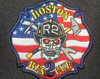 Boston Fire Dept Rescue-2 Flag Skull Patch New York FDNY NH MA Mass Helmet Truck Toy Taz Red Sox Celtics Bruins Patriots Fenway Beaconn hill