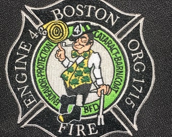 Boston Fire Dept Engine-4 Celtics Patch New York FDNY NH MA Mass Helmet Shamrock Truck Red Sox Bruins Patriots Fenway Beaconn hill
