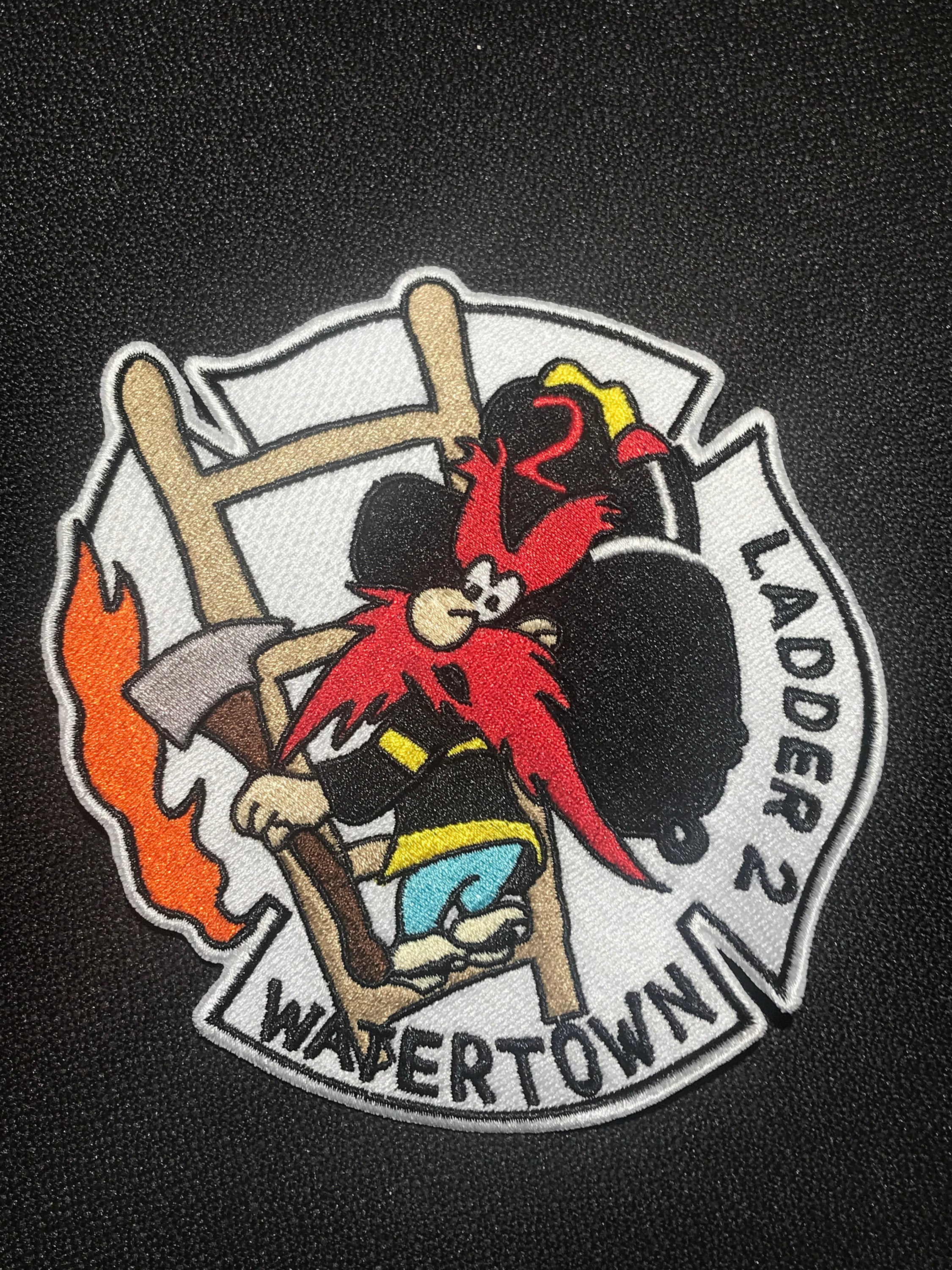 Watertown Fire Dept Ladder-2 Yosemite Sam Patch New York FDNY NH MA Mass Helmet Truck Toy Taz Red Sox Celtics Bruins Patriots Fenway
